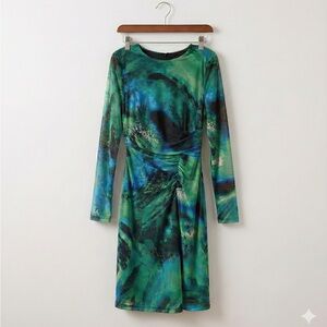 DKNY Ruched Long Sleeve Dress Size 10 Abstract Green Blue Print